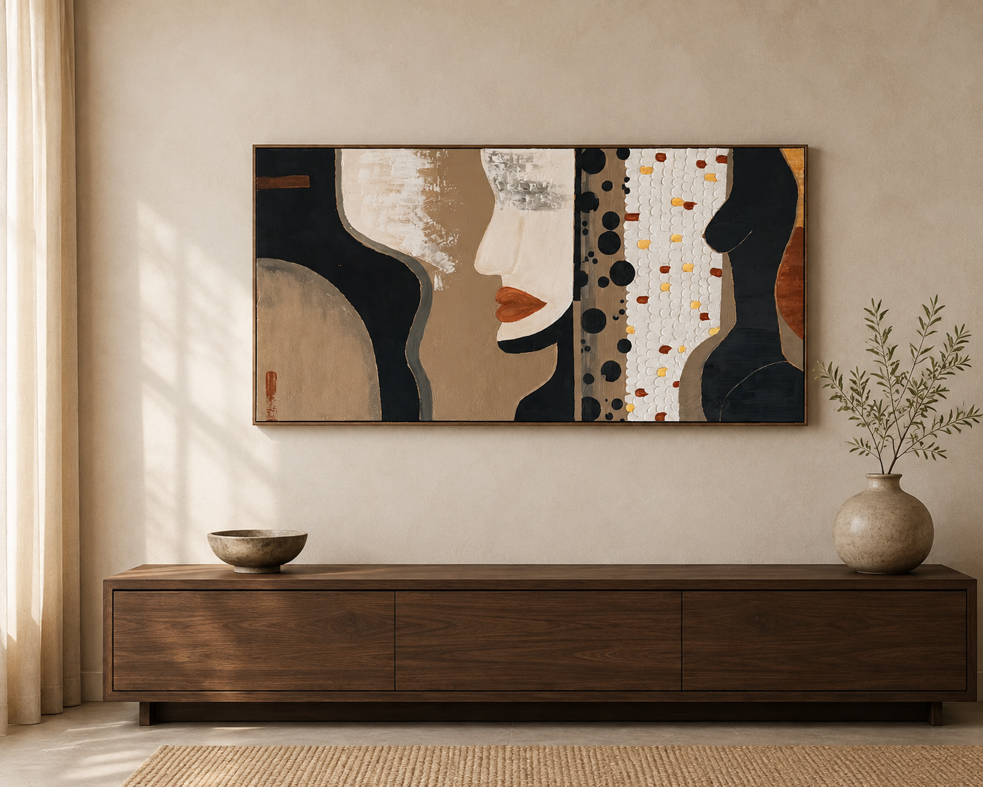 Imperfections imagined above a walnut console in a sunlit interior